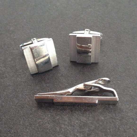 Vintage Silver Tone Cuff Link and Tie Bar Sets - Picture 3 of 3